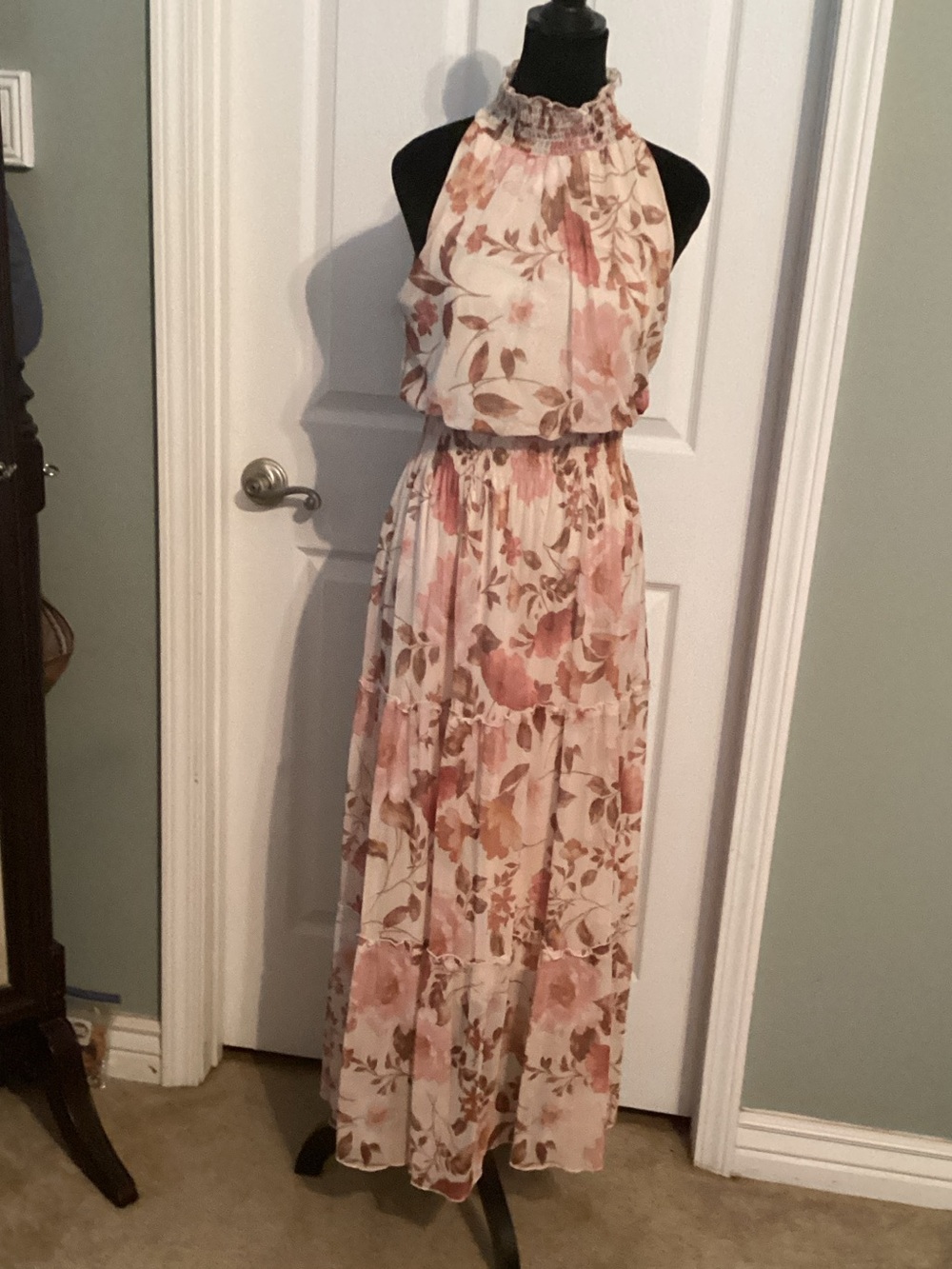 Sleeveless Pink Floral High Button Neck Maxi Dress